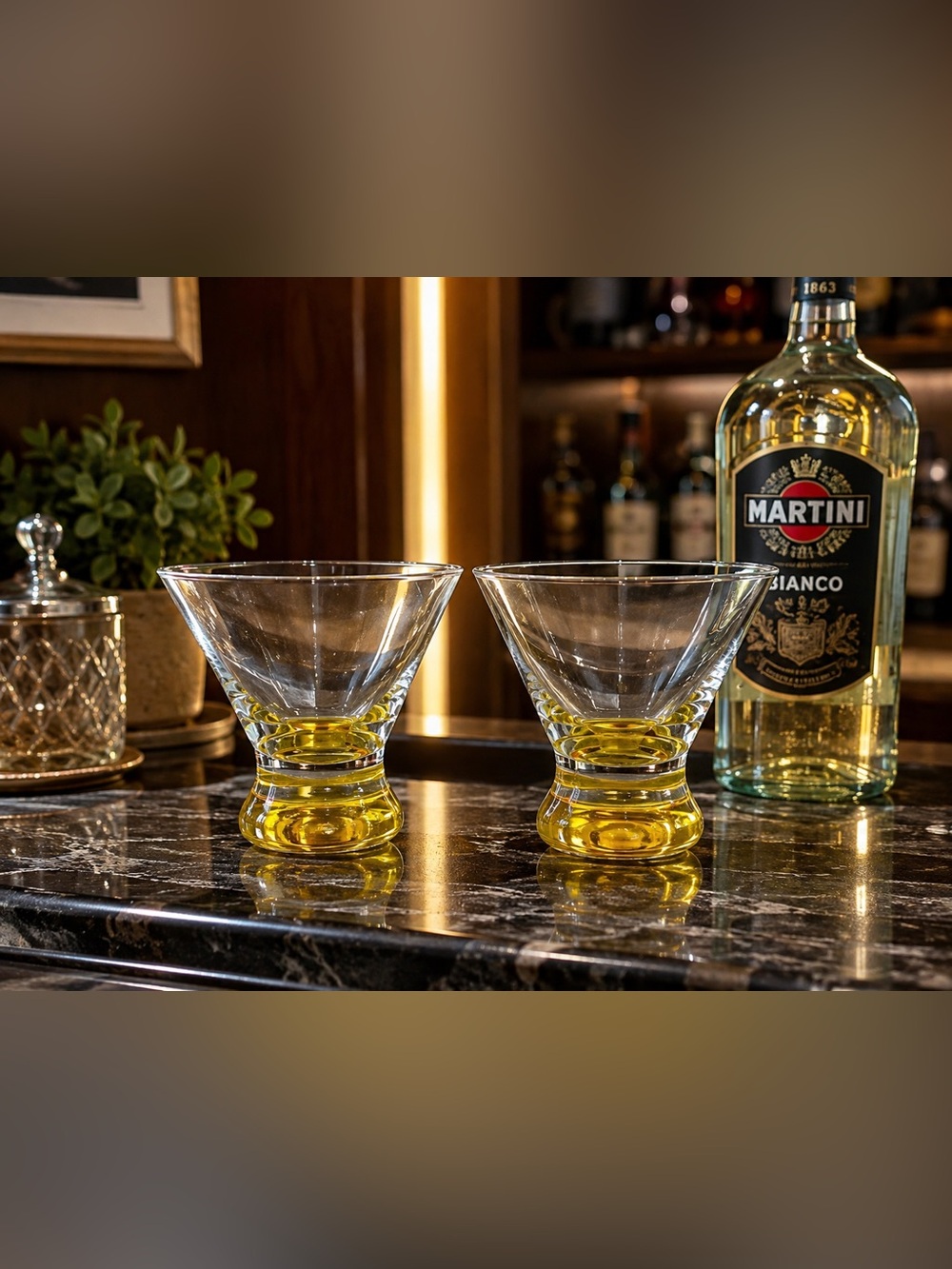 Crate&Barrel Clear Martini Glasses with Yellow Bases - Set of 2